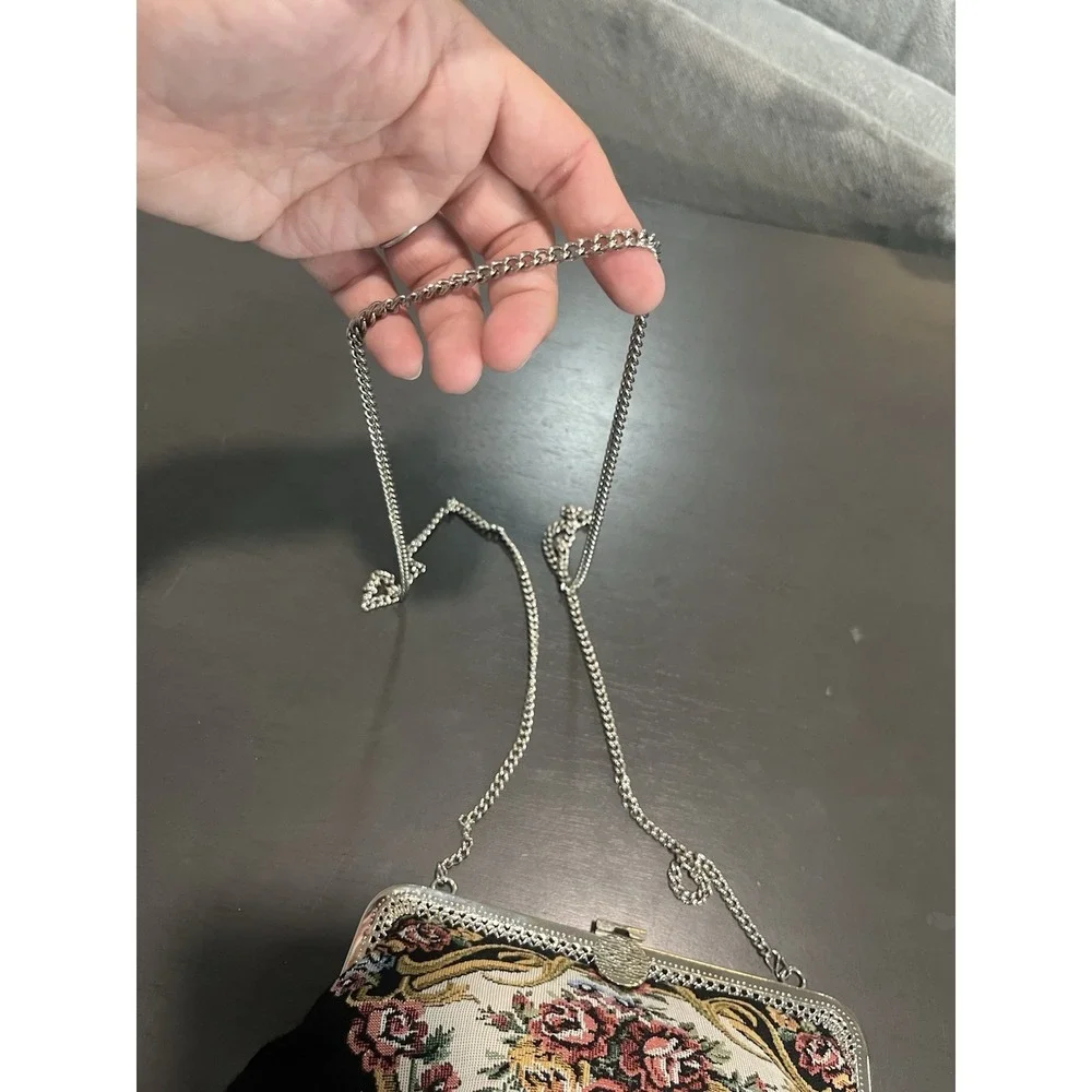 Vtg Floral Tapestry Clutch Purse Metal Chain Strap Black Floral Mad In Hong Kong